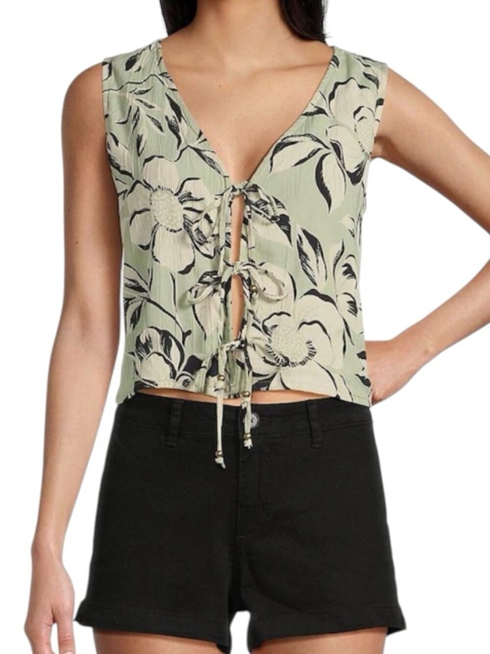 Angie Sleeveless Top V-Neck Floral Triple Tie Rayon Size M Boho Beachy Coastal